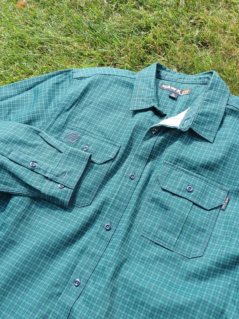 New HAWX FR Plaid Long Sleeve Woven Shirt Men's US Size XL Green / Blue